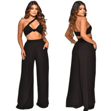 Solid Crop Top Wide Leg Pants Two Piece Sets YF-10157