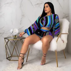 Plus Size Sexy Striped Long Sleeve 2 Piece Shorts Sets ME-Q220