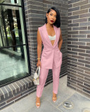 Solid Sleeveless Split Blazer Two Piece Sets SMD-82095