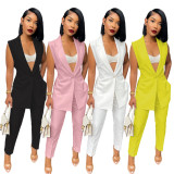 Solid Sleeveless Split Blazer Two Piece Sets SMD-82095