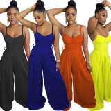 Solid Sleeveless Belted Wide Leg Jumpsuit WY-6886