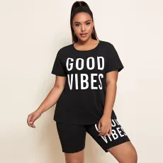 Plus Size Letter Print T Shirt Shorts 2 Piece Sets ONY-6002