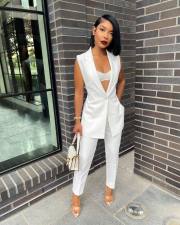 Solid Sleeveless Split Blazer Two Piece Sets SMD-82095