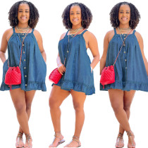 Casual Solid Color Sling Pocket Loose Denim Dress BGN-250