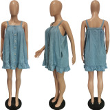 Casual Solid Color Sling Pocket Loose Denim Dress BGN-250