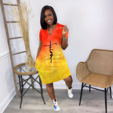 Gradient Letter Print V Neck Casual Dress YNSF-1838