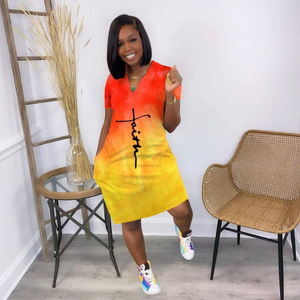 Gradient Letter Print V Neck Casual Dress YNSF-1838