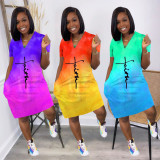 Gradient Letter Print V Neck Casual Dress YNSF-1838
