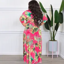 Plus Size Floral Print Sashes Maxi Dress OSIF-22350