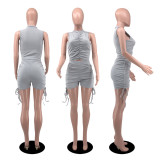 Solid Ruched Tank Top Drawstring Shorts 2 Piece Sets YIBF-60143-2