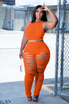 Plus Size Solid Hole Tank And Pants 2 Piece Sets JRF-3698
