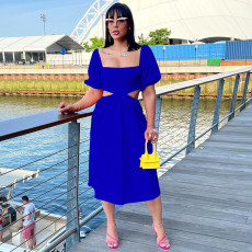 Solid Short Sleeve Hollow Out Midi Dress TE-4449