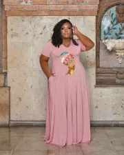 Plus Size Casual Printed Short Sleeve Maxi Dress WAF-7439235