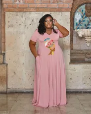 Plus Size Casual Printed Short Sleeve Maxi Dress WAF-7439235