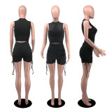 Solid Ruched Tank Top Drawstring Shorts 2 Piece Sets YIBF-60143-2