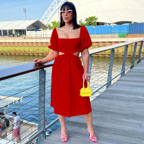 Solid Short Sleeve Hollow Out Midi Dress TE-4449