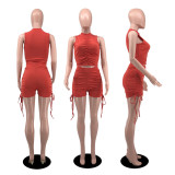 Solid Ruched Tank Top Drawstring Shorts 2 Piece Sets YIBF-60143-2