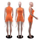 Solid Ruched Tank Top Drawstring Shorts 2 Piece Sets YIBF-60143-2