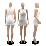 Solid Ruched Tank Top Drawstring Shorts 2 Piece Sets YIBF-60143-2