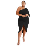 Plus Size Solid One Shoulder Irregular Midi Dress NNWF-7573