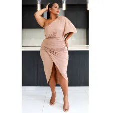 Plus Size Solid One Shoulder Irregular Midi Dress NNWF-7573