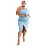 Plus Size Solid One Shoulder Irregular Midi Dress NNWF-7573