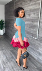 Short Sleeve Patchwork Pleated Mini Dress MIL-L324