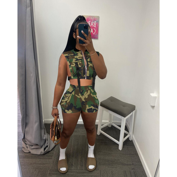 Camo Print Sleeveless Two Piece Shorts Sets FOSF-8305