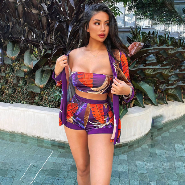 Sexy Printed Tube Top+Cloak Coat+Shorts 3 Piece Sets WPF-80758