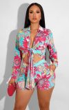 Floral Print Long Sleeve Two Piece Shorts Sets XMY-9369