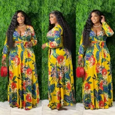 Plus Size Floral Print V Neck Sashes Maxi Dress OSIF-22357