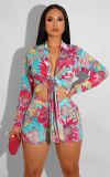 Floral Print Long Sleeve Two Piece Shorts Sets XMY-9369