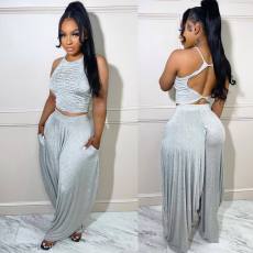 Solid Backless Cami Top Harem Pants 2 Piece Sets TE-4450