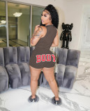 Letter Print Sleeveless Bodysuit+Shorts 2 Piece Sets CXLF-882