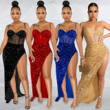 Sexy Sequin High Split Sling Long Evening Dress BY-5843