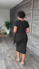 Solid Short Sleeve Split Skirt 2 Piece Sets WY-6896