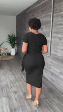 Solid Short Sleeve Split Skirt 2 Piece Sets WY-6896