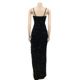 Sexy Sequin High Split Sling Long Evening Dress BY-5843