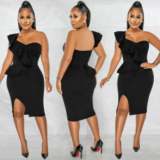 Solid One Shoulder Ruffled Split Midi Dress BY-5857