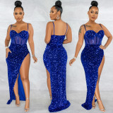 Sexy Sequin High Split Sling Long Evening Dress BY-5843