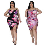 Plus Size Flower Print Cross Strap Mini Dress XMY-9363