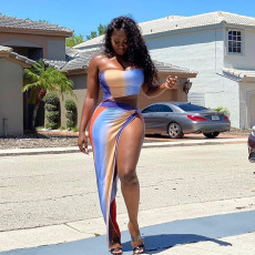 Sexy Printed Tube Top Split Maxi Skirt 2 Piece Sets YIBF-60166