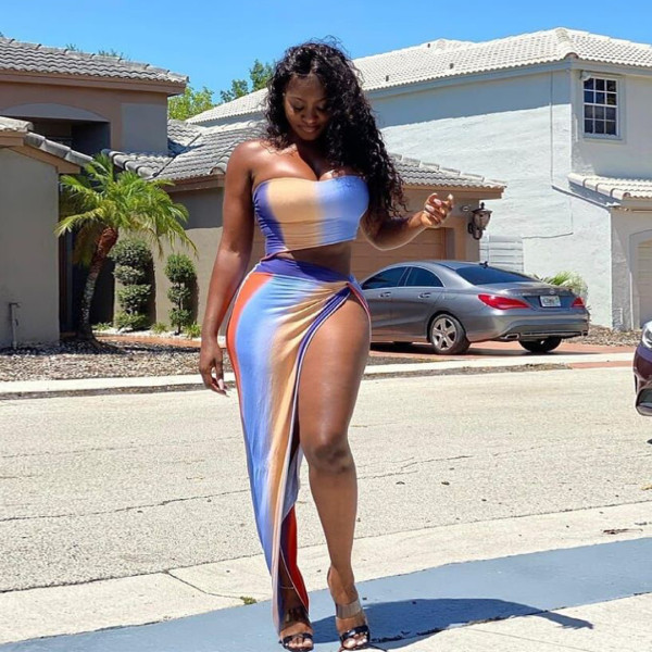 Sexy Printed Tube Top Split Maxi Skirt 2 Piece Sets YIBF-60166