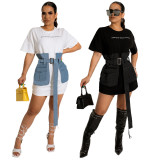 Denim Patchwork Short Sleeve Belted Mini Dress HNIF-HN087