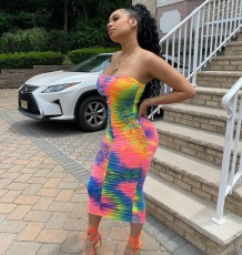 Tie Dye Print Ruched Bodycon Midi Dress WSM-5320