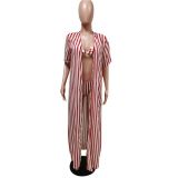 Sexy Stripe Print Beach Swimsuit Three-piece  MEM-1620