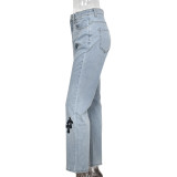 Denim Embroidery Mid Waist Skinny Jeans GBTF-8082DN