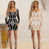Sexy Hot Drilling Mesh Long Sleeve Club Dress BY-5846