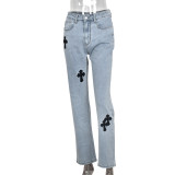 Denim Embroidery Mid Waist Skinny Jeans GBTF-8082DN