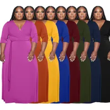Plus Size Solid V Neck Sashes Maxi Dress OSIF-22353